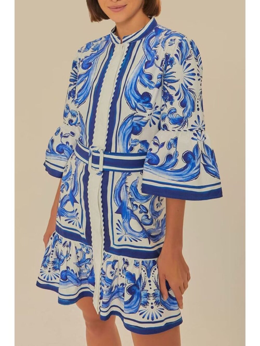 FARM Rio White and Blue Baroque Mini Dress